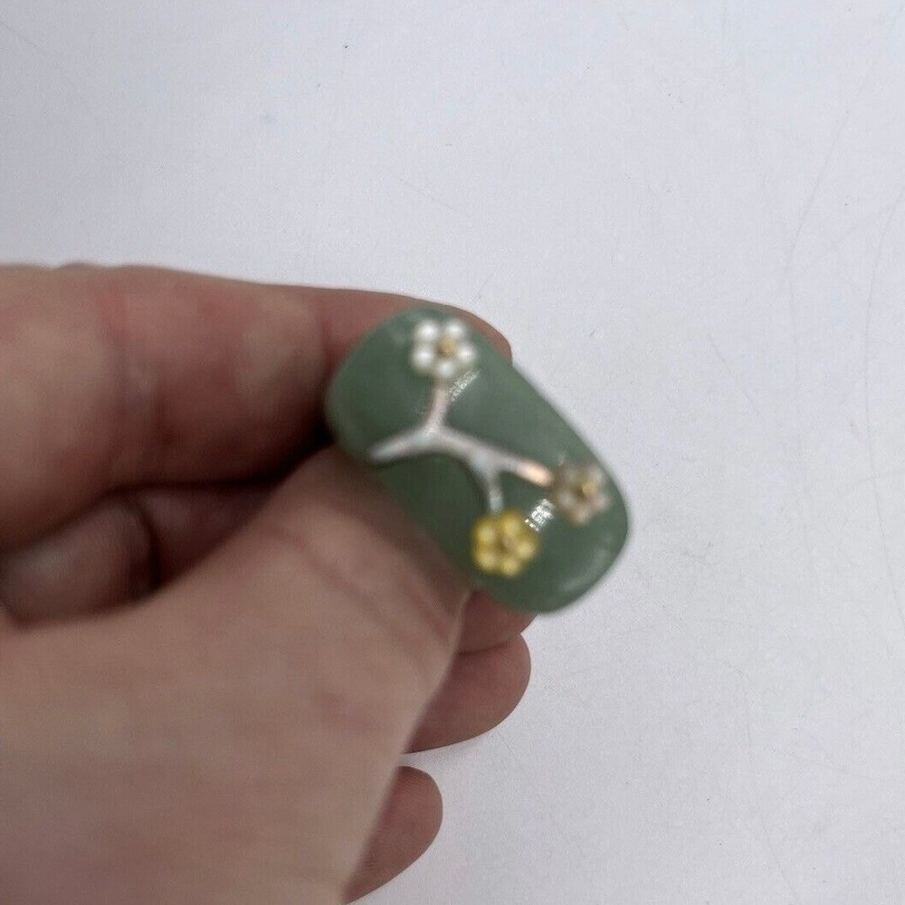 Jade Natural Icy Green Jadeite and MOP Flower Saddle Beautiful 14k Ring Sz 7.5-8 - Picture 9 of 13